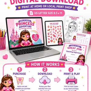 May include: A digital download graphic with the text "INSTANT DIGITAL DOWNLOAD" and "US LETTER SIZE 8.5 x 11". The image features a princess theme with a laptop, tablet, and printed pages. The design includes a princess character and instructions.