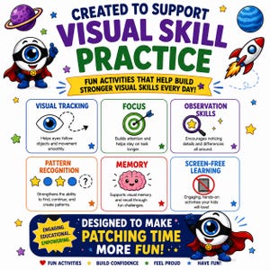 May include: Colorful educational graphic with text: "CREATED TO SUPPORT VISUAL SKILL PRACTICE." Features illustrations of a rocket, planets, and a superhero eye character. The graphic promotes fun activities to build visual skills, including visual tracking and memory.