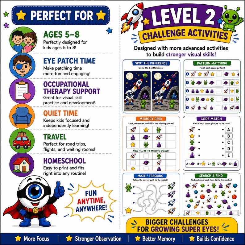 May include: A colorful educational activity sheet for children aged 5-8. The sheet includes various visual skill-building exercises, such as spot the difference, pattern matching, and mazes. The text includes "Level 2 Challenge Activities" and "Fun Anytime, Anywhere!"