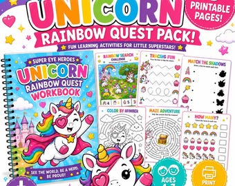 Eenhoorn-regenboogzoektochtpakket | Werkboek ooglapjes voor kinderen (4-7 jaar)