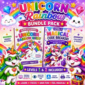 May include: A vibrant illustration of a "Unicorn Rainbow Bundle Pack" featuring two activity books: "Unicorn Rainbow Quest" and "Magical Code Breaker!" The image includes cartoon unicorns, rainbows, stars, and text promoting fun printable activities for ages 4-8.