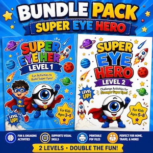 Op de afbeelding: Een bundel van twee kinderactiviteitenboeken getiteld "Super Eye Hero". Niveau 1 is voor kinderen van 3-5 jaar en niveau 2 is voor kinderen van 5-8 jaar. De covers bevatten stripfiguren, planeten, raketten en de tekst "Fun Activities to Build Super Eyes!" en "Challenge Activities for Stronger Super Eyes!"