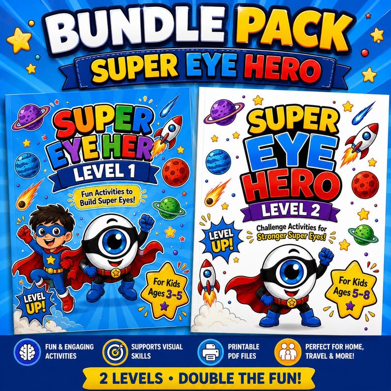 Op de afbeelding: Een bundel van twee kinderactiviteitenboeken getiteld "Super Eye Hero". Niveau 1 is voor kinderen van 3-5 jaar en niveau 2 is voor kinderen van 5-8 jaar. De covers bevatten stripfiguren, planeten, raketten en de tekst "Fun Activities to Build Super Eyes!" en "Challenge Activities for Stronger Super Eyes!"