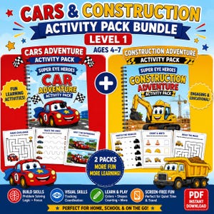 May include: A colorful activity pack bundle for kids, featuring two themed workbooks: "Cars Adventure" and "Construction Adventure." The covers display cartoon cars and construction vehicles. Includes mazes, matching games, and tracing activities. Ages 4-7.