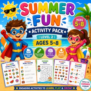 Op de afbeelding: Een kleurrijke digitale activiteitenpakket-omslag getiteld Summer Fun Activity Pack Level 2 Ages 5-8 met twee cartoon-superhelden op een strand. Het ontwerp bevat vijf activiteitenbladen voor kinderen, PDF-downloadpictogrammen en thema's.