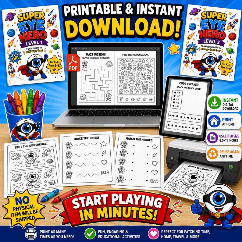 Op de afbeelding: Een kleurrijke digitale download voor kinderen met Super Eye Hero-activiteiten. Bevat printbare doolhoven, codekrakers en kleurplaten. De afbeelding toont een laptop, tablet, printer en kleurpotloden. Tekst: "Printbaar & Direct Downloaden!"