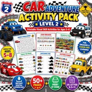 May include: A colorful printable activity pack for kids aged 5-8, featuring car-themed games like mazes, code breakers, and matching activities. Includes over 50 pages of fun, engaging, and screen-free learning. The pack is an instant digital download.