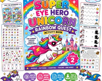 Activiteitenboek Eenhoorn Rainbow Quest | Ooglapje, werkbladen voor visuele tracking (digitale download)