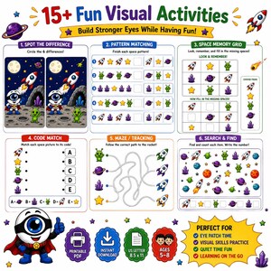 May include: A colorful educational activity sheet with space-themed games, including spot the difference, pattern matching, and mazes. The sheet is designed for ages 5-8 and includes the text "15+ Fun Visual Activities".
