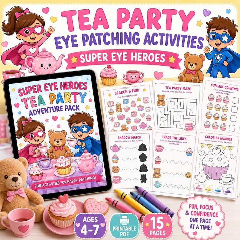 May include: A children's tea party activity pack with a superhero theme, featuring a tablet with illustrations of teddy bears, cupcakes, and tea sets. Includes printable PDF pages with mazes, coloring, and matching games. The text says "Tea Party Eye Patching Activities".