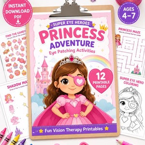 May include: A clipboard with a children's activity book titled "Princess Adventure" featuring a princess with an eye patch. The book includes coloring pages and mazes, designed for ages 4-7. Includes crayons and scissors.