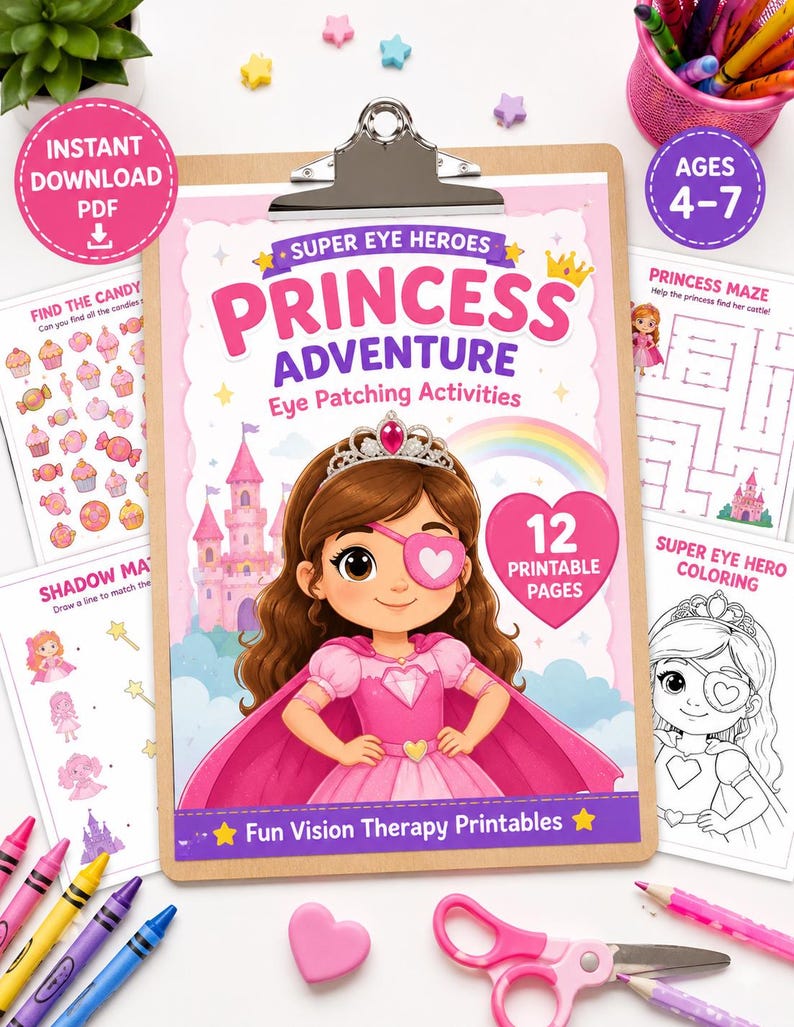 May include: A clipboard with a children's activity book titled "Princess Adventure" featuring a princess with an eye patch. The book includes coloring pages and mazes, designed for ages 4-7. Includes crayons and scissors.