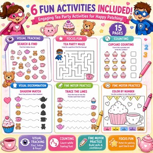 May include: An activity book with tea party-themed games, including a maze, counting, and coloring pages. The book has 15 pages and is designed for children. The cover features the text "6 FUN ACTIVITIES INCLUDED!" and illustrations of cupcakes and teddy bears.