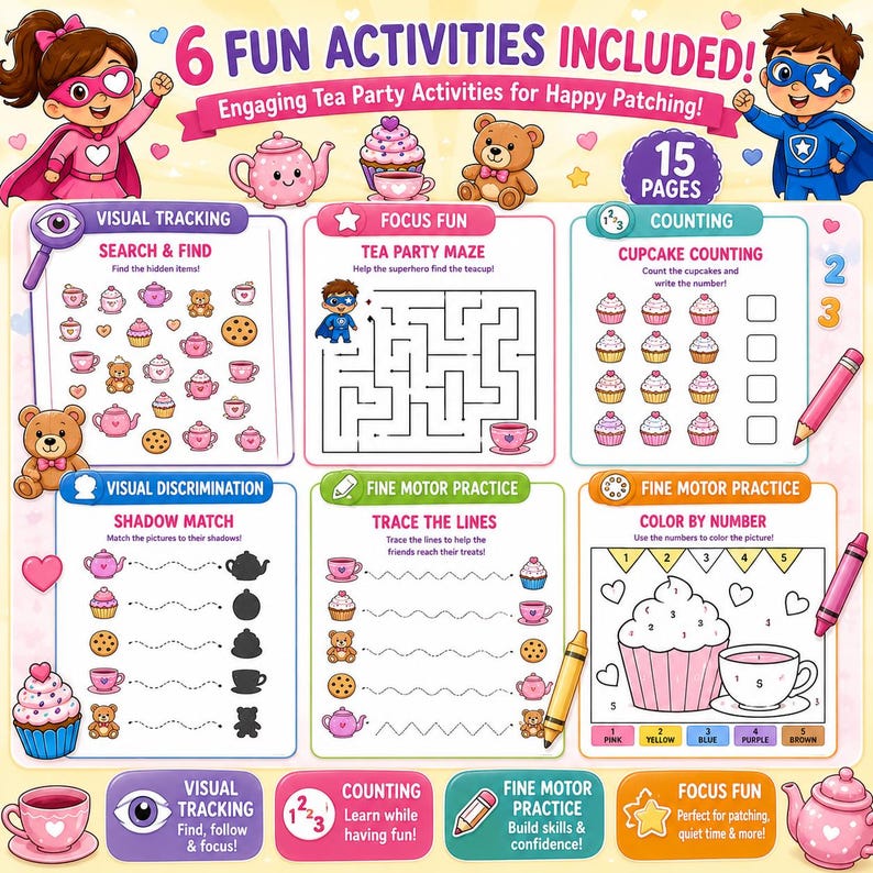 May include: An activity book with tea party-themed games, including a maze, counting, and coloring pages. The book has 15 pages and is designed for children. The cover features the text "6 FUN ACTIVITIES INCLUDED!" and illustrations of cupcakes and teddy bears.