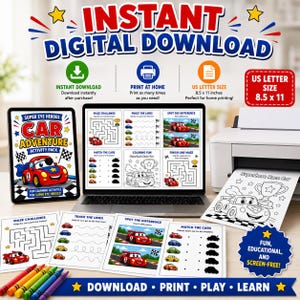 May include: A digital download activity pack featuring car-themed games and puzzles. The image displays a tablet, laptop, and printed sheets with mazes and coloring activities. Text includes "Instant Digital Download" and "Fun Learning Activities". The US Letter size is 21.6 x 27.9 cm.
