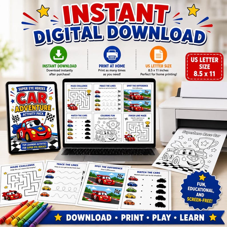 May include: A digital download activity pack featuring car-themed games and puzzles. The image displays a tablet, laptop, and printed sheets with mazes and coloring activities. Text includes "Instant Digital Download" and "Fun Learning Activities". The US Letter size is 21.6 x 27.9 cm.