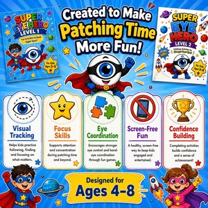 Op de afbeelding: Kleurrijk educatief materiaal voor kinderen, met de tekst "Super Eye Hero" en "Created to Make Patching Time More Fun!" Bevat activiteitenboeken, superheldenpersonages en pictogrammen voor visuele tracking, focusvaardigheden, oogco&ouml;rdinatie, schermvrij plezier en zelfvertrouwen. Ontworpen voor kinderen van 4-8 jaar.