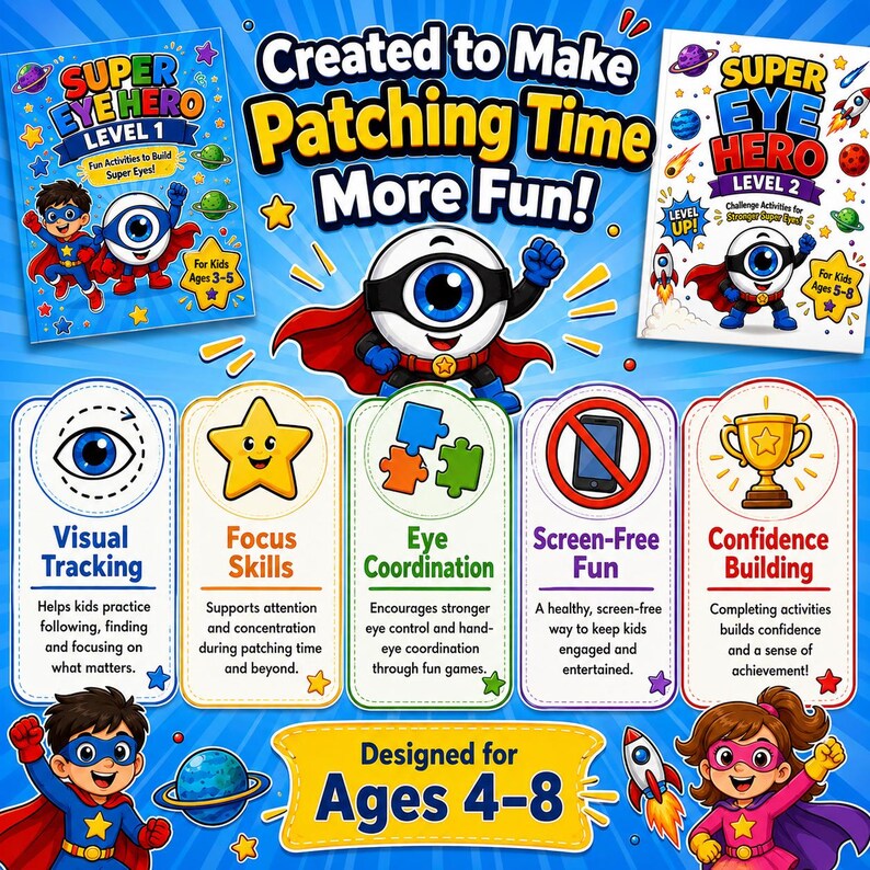 Op de afbeelding: Kleurrijk educatief materiaal voor kinderen, met de tekst "Super Eye Hero" en "Created to Make Patching Time More Fun!" Bevat activiteitenboeken, superheldenpersonages en pictogrammen voor visuele tracking, focusvaardigheden, oogco&ouml;rdinatie, schermvrij plezier en zelfvertrouwen. Ontworpen voor kinderen van 4-8 jaar.