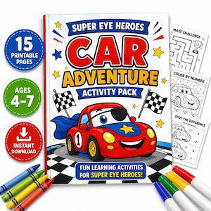 May include: A children's activity pack titled "Super Eye Heroes Car Adventure." The cover features a cartoon car with a superhero cape and eye patch. Includes 15 printable pages with mazes, colour-by-number, and spot-the-difference activities. Ages 4-7. Includes crayons and markers.