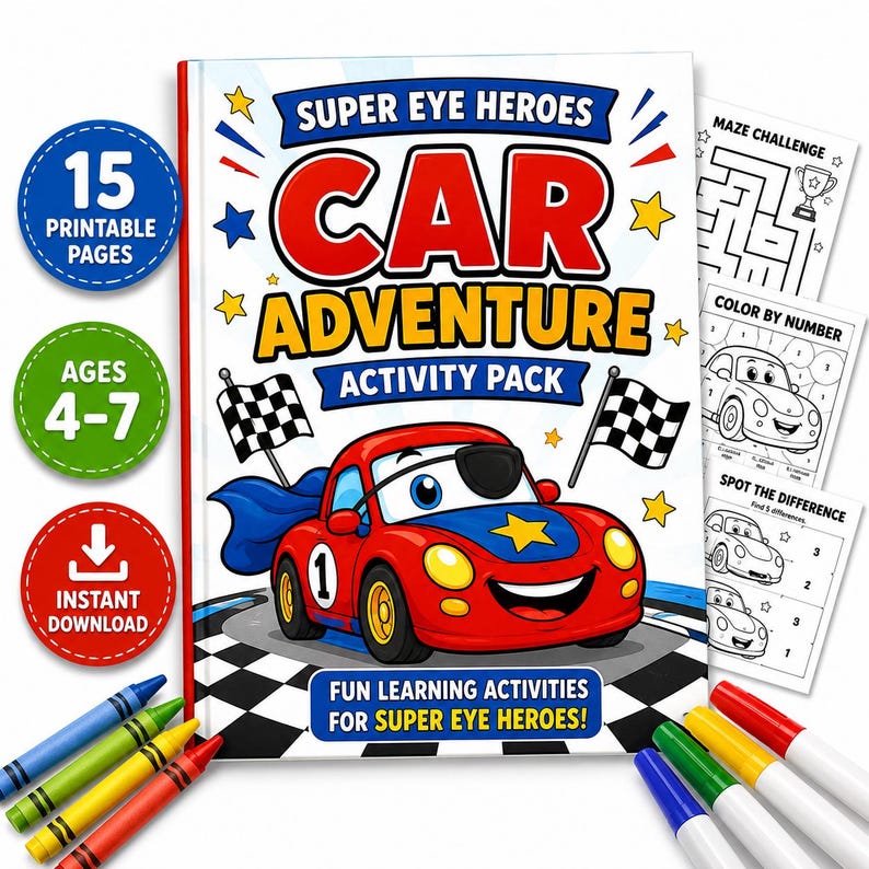 May include: A children's activity pack titled "Super Eye Heroes Car Adventure." The cover features a cartoon car with a superhero cape and eye patch. Includes 15 printable pages with mazes, colour-by-number, and spot-the-difference activities. Ages 4-7. Includes crayons and markers.