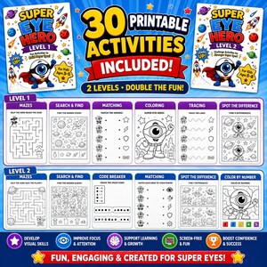 Op de afbeelding: Een kleurrijke, printbare activiteitenreeks voor kinderen, met de tekst "SUPER EYE HERO" en "30 PRINTBARE ACTIVITEITEN INBEGREPEN!". De set bevat doolhoven, zoek- en vindspellen, matching, kleuren, traceren en verschillen zoeken. Voor kinderen van 3-8 jaar.