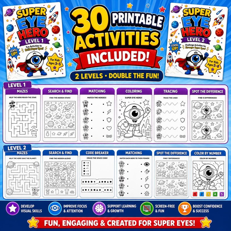 Op de afbeelding: Een kleurrijke, printbare activiteitenreeks voor kinderen, met de tekst "SUPER EYE HERO" en "30 PRINTBARE ACTIVITEITEN INBEGREPEN!". De set bevat doolhoven, zoek- en vindspellen, matching, kleuren, traceren en verschillen zoeken. Voor kinderen van 3-8 jaar.