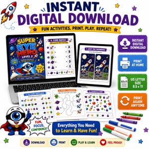 May include: A digital download graphic with the text "Instant Digital Download" and "Fun Activities. Print. Play. Repeat!". The image includes a laptop and tablet displaying children's activity pages, along with crayons and markers. The theme is educational and fun.