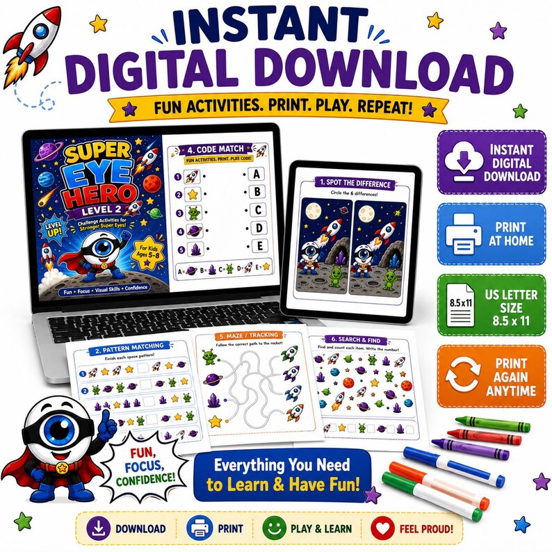 May include: A digital download graphic with the text "Instant Digital Download" and "Fun Activities. Print. Play. Repeat!". The image includes a laptop and tablet displaying children's activity pages, along with crayons and markers. The theme is educational and fun.
