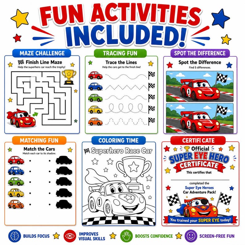 May include: An activity sheet with the text "FUN ACTIVITIES INCLUDED!" features a maze, tracing, spot the difference, matching, and coloring activities. The theme is superhero race cars, with a certificate for completing the activities.