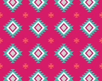 May include: A seamless pattern featuring a repeating geometric design. The pattern is made up of turquoise, white, and gray diamonds on a hot pink background.