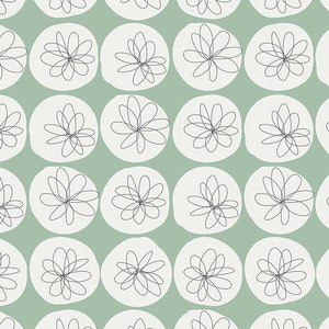 May include: A repeating pattern featuring white circles with black floral line drawings on a muted green background. The design is a simple, modern floral pattern, suitable for fabric or wallpaper.