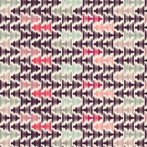 May include: Abstract geometric pattern with vertical stripes. The design features repeating triangular shapes in shades of purple, pink, gray, and teal on a cream background. The pattern has a textured, hand-drawn appearance.