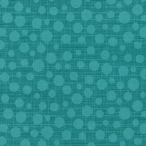 May include: Teal blue fabric with a pattern of white polka dots. The dots are of varying sizes and are scattered randomly across the fabric.