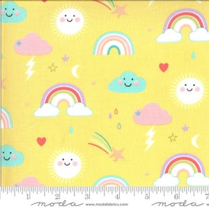 Hello Sunshine Rainbows Sunshine by Abi Hall for Moda Fabrics 35350 19 > 100% Cotton < Quilters Cottons >Yellow Base, Rainbows, Clouds, Sun