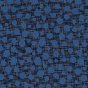 May include: A blue fabric with a black grid pattern and white polka dots.