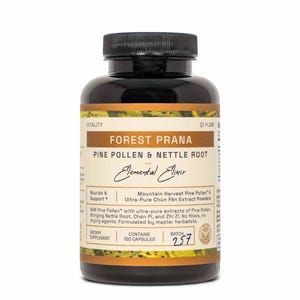 Könnte beinhalten: Eine schwarze Flasche mit Forest Prana Pine Pollen & Nettle Root Kapseln. Das Etikett enthält Text wie "Elemental Elixir" und "120 Kapseln". Die Flasche hat einen schwarzen Deckel und ein braun-gelbes Etikett.