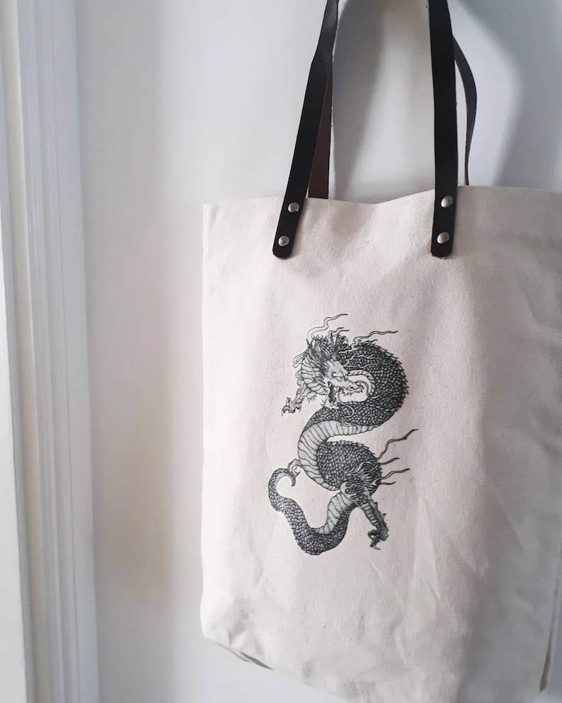 Leather handled tote bag dragon design canvas shopper bag