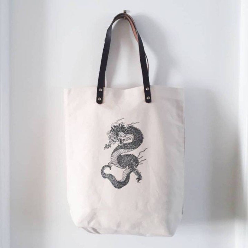 Leather handled tote bag dragon design canvas shopper bag