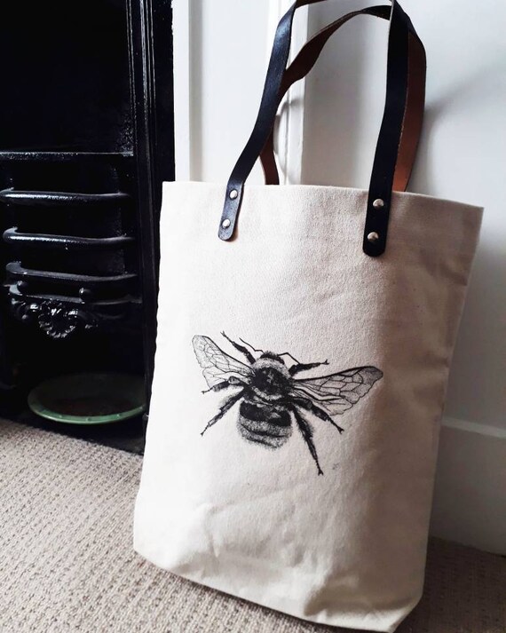 Leather Handle High Quality Canvas Bag Bee Design - Canvas Bag Leather Handles Leather Handle High Quality Canvas Bag Bee Design - Canvas Bag Leather Handles