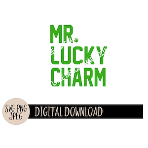 Puede incluir: Texto verde sobre fondo blanco que dice "Mr. Lucky Charm".