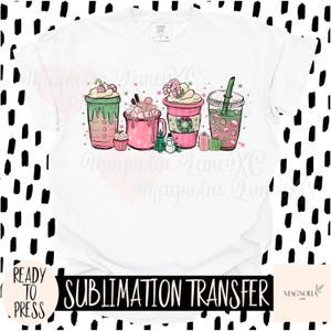 CHRISTMAS COFFEES Ready to Press Sublimation Heat Transfer, Pink, Coffee, Christmas, Holiday