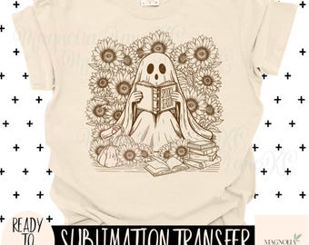 GHOST AND BOOKS Ready to Press Sublimation Heat Transfer, Floral, Ghost, Halloween, Books