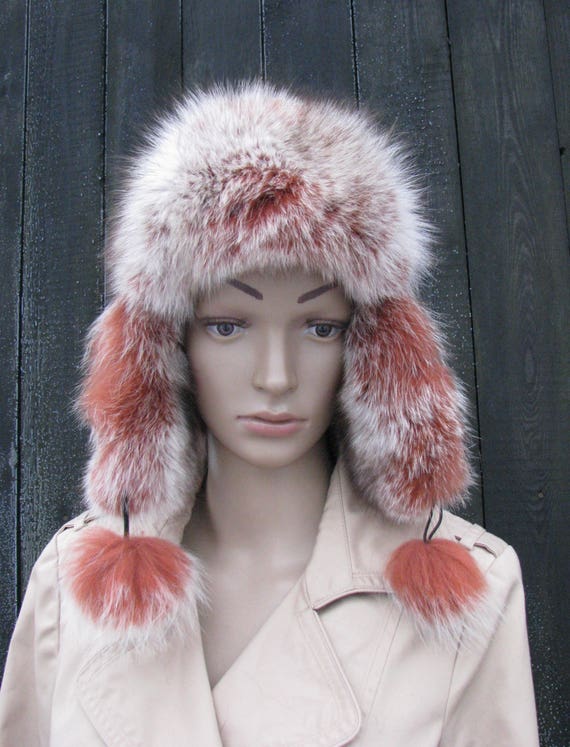 Cap fur HAT USHANKA leather natural fox fur dyed winter | Etsy