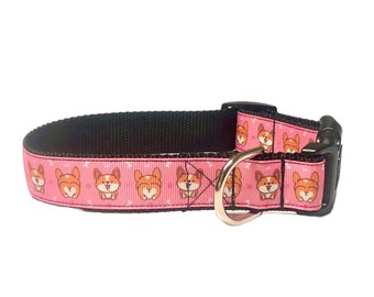 Pink with Corgis medium dog collar, Puppy Essentials, Nylon Dog Collar, Hand Crafted Design Adjustable