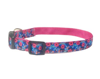Pink painted flowers on Blue w/Pink backing medium adjustable dog collar