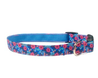 Painted pink flowers on blue medium adjustable dog collar, Pet Items, Female Dog Collar, Floral Design Pink Heavy Duty Nylon