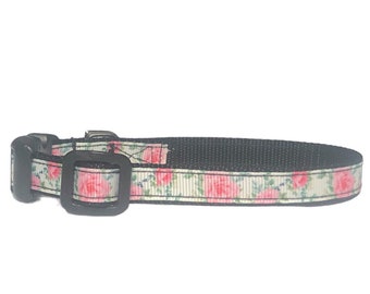 Pink floral on white elegant small adjustable nylon dog collar
