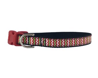 Light pink/red chevron w/red hardware small adjustable dog collar