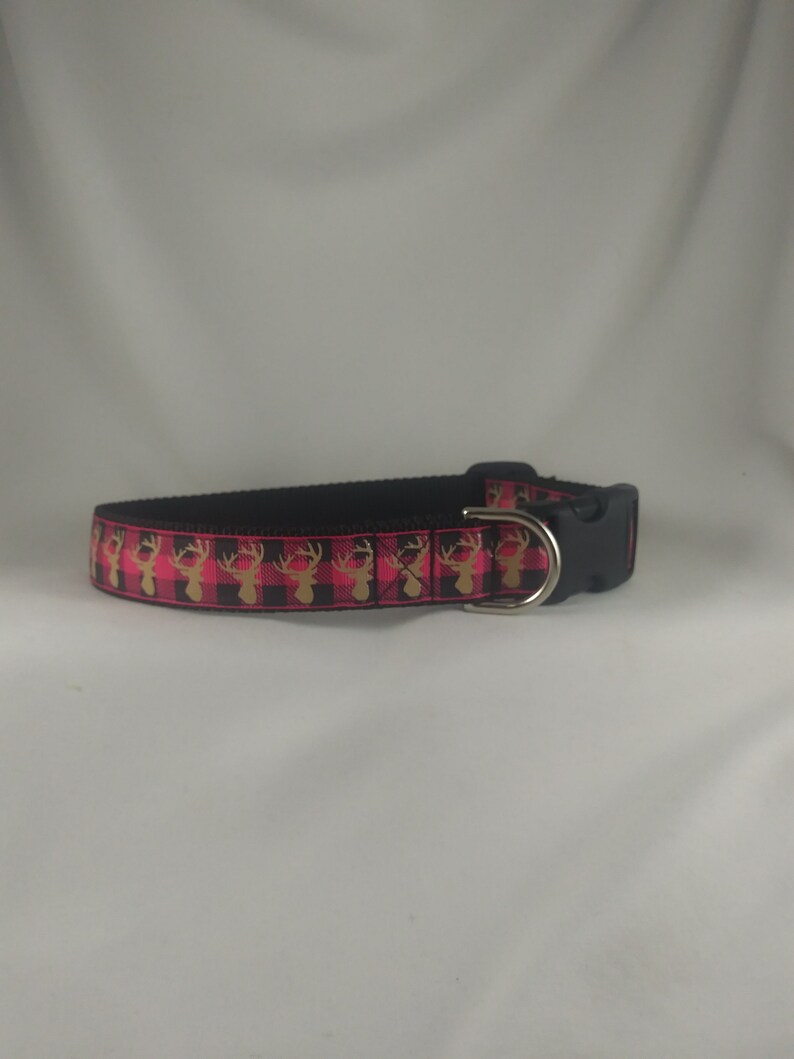 Deer Antlers Pink Plaid Semi Sparkly Large Adjustable Dog Collar
