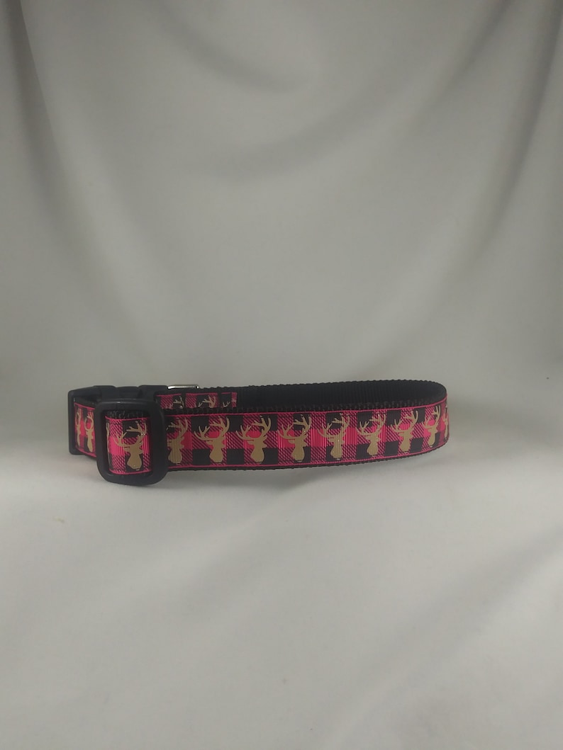 Deer Antlers Pink Plaid Semi Sparkly Large Adjustable Dog Collar